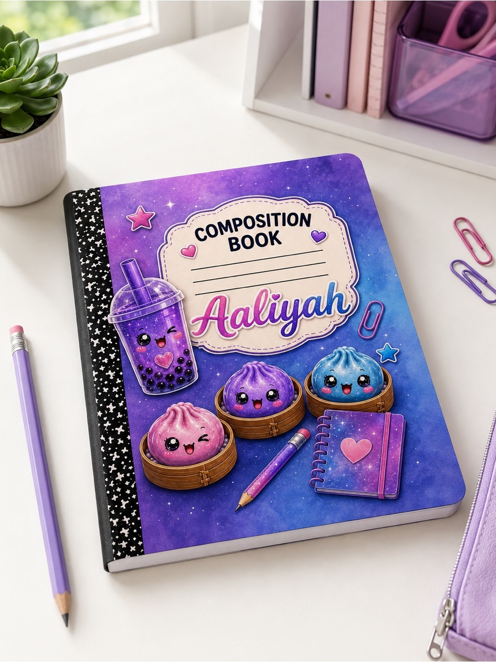 Personalized Kawaii Composition Notebook for Girls – Custom Name